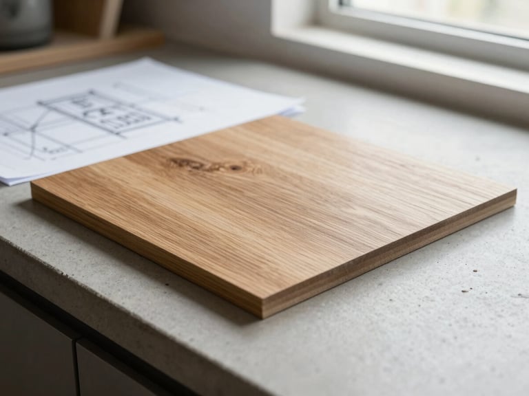 Close-up detail shot of natural oak swatches resting on a clean concrete countertop next to architectural drawings, natural window light