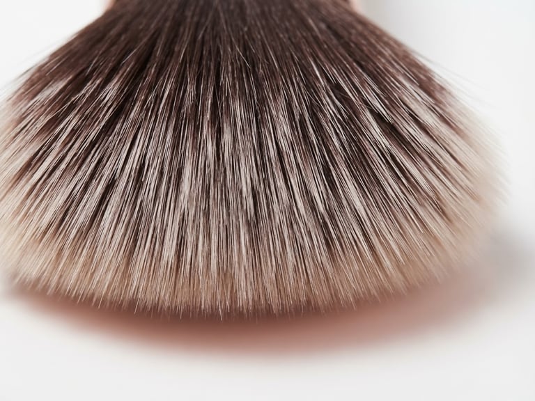 Macro close-up of premium synthetic makeup brush bristles, perfectly aligned, bright studio lighting, minimalist white background with soft rose-gold shadow.