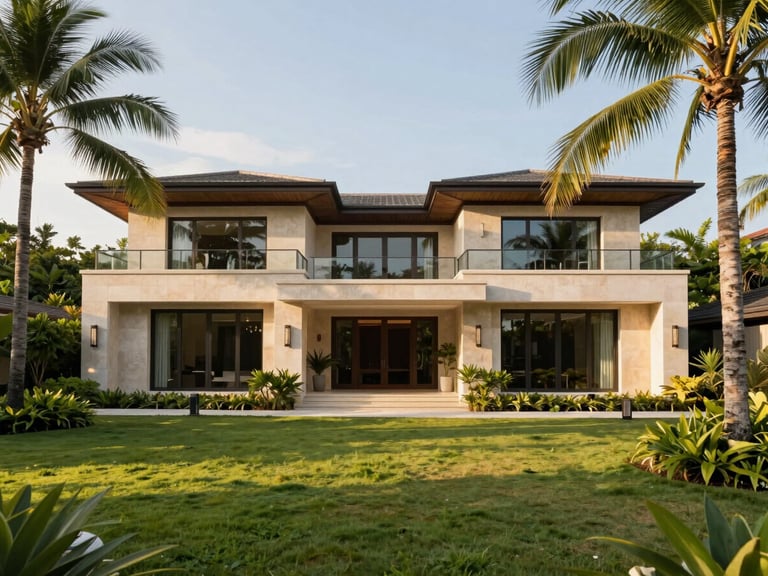 Modern, elegant villa facade with clean lines and lush landscaping under bright tropical daylight, wide-angle architectural shot.