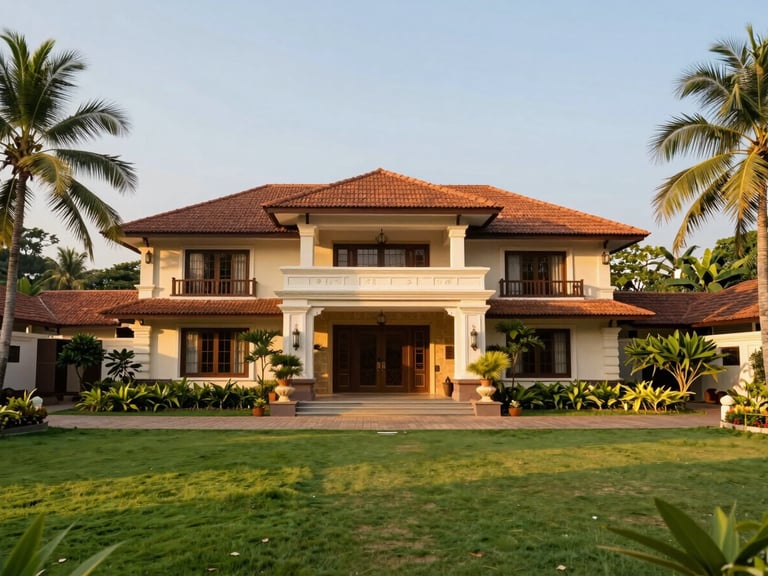 Elegant entrance to a gated villa community in Kasaragod, lush landscaping, golden-hour sunlight, wide-angle