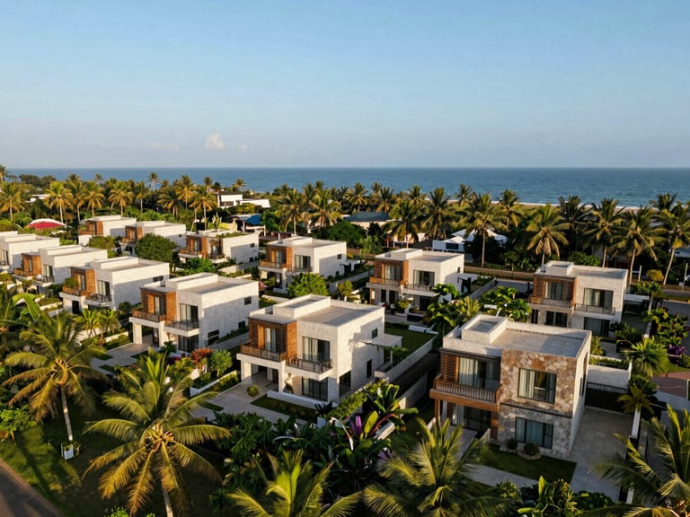 Elevated drone view of a modern villa enclave overlooking Kasaragod coastline, clear tropical daylight, wide-angle
