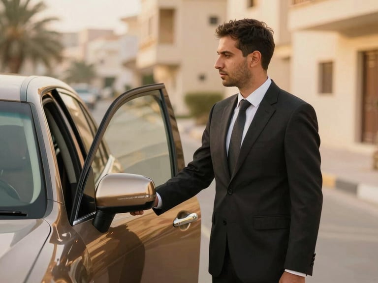 Professional private driver in neat attire holding a car door open, soft warm lighting, Bahrain residential street background, shallow depth of field, 35mm