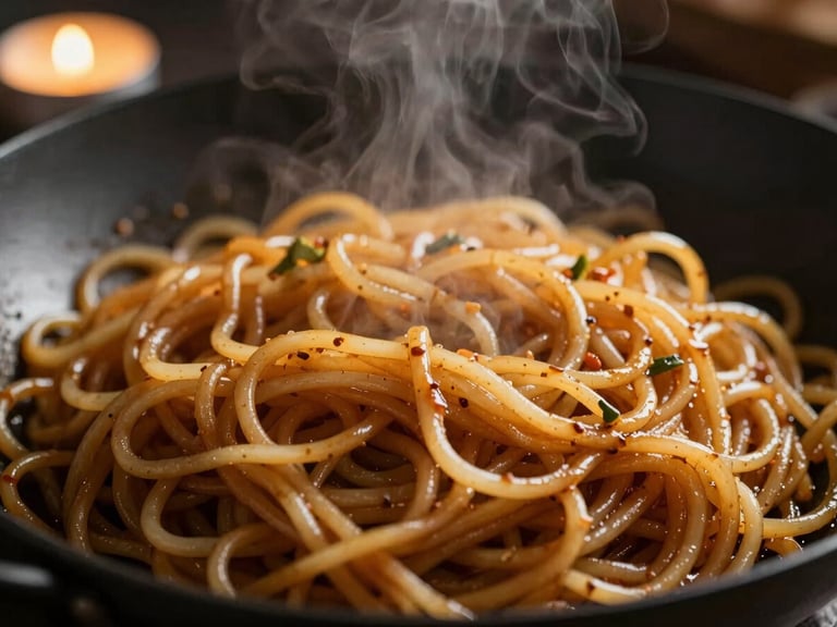 Macro shot of steaming wok-seared noodles, low-key editorial lighting, rich golden tones, shallow depth of field.