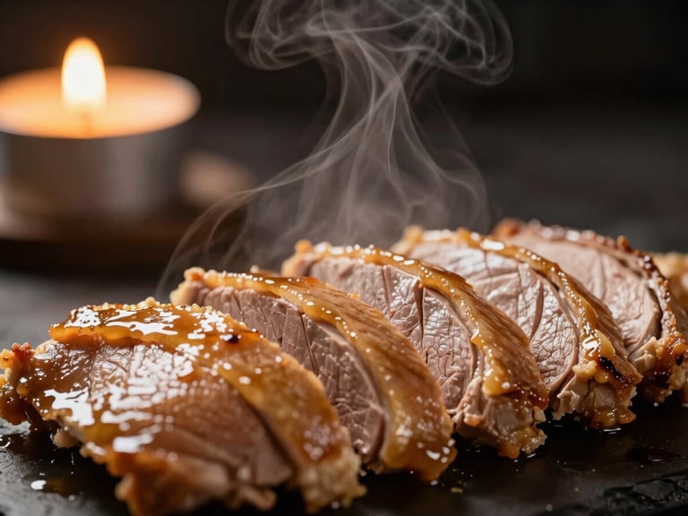 Tight macro shot of sliced duck breast with a glistening glaze, steam rising softly, moody warm lighting, deep charcoal background.