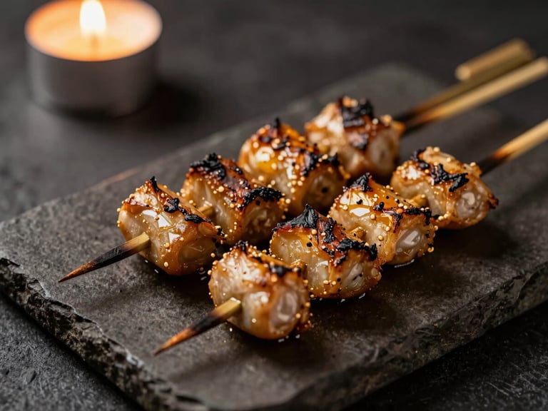 Close-up of charred skewers on a textured stone plate, deep charcoal background, warm brass accents, moody side-lighting.