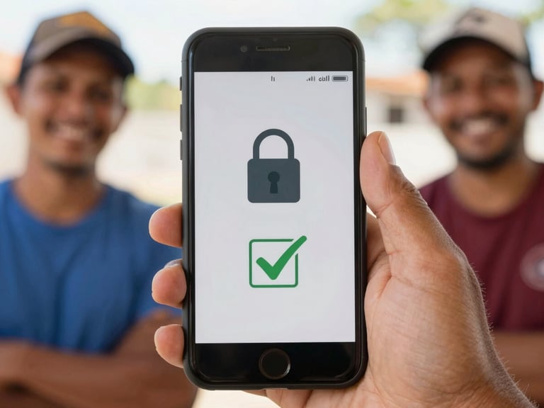 Close-up of a mobile screen showing a secure transaction step with a lock icon and checkmark, held by a hand, in bright natural daylight.