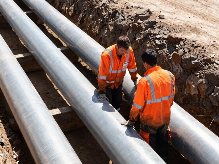 Utility workers connecting large diameter water pipes, clean trench, high-visibility safety gear, bright sunlight.