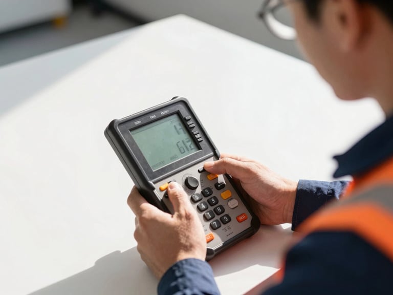 Technician using a digital locator screen on a clean job site, precise readings, focused expression, bright sunlight.