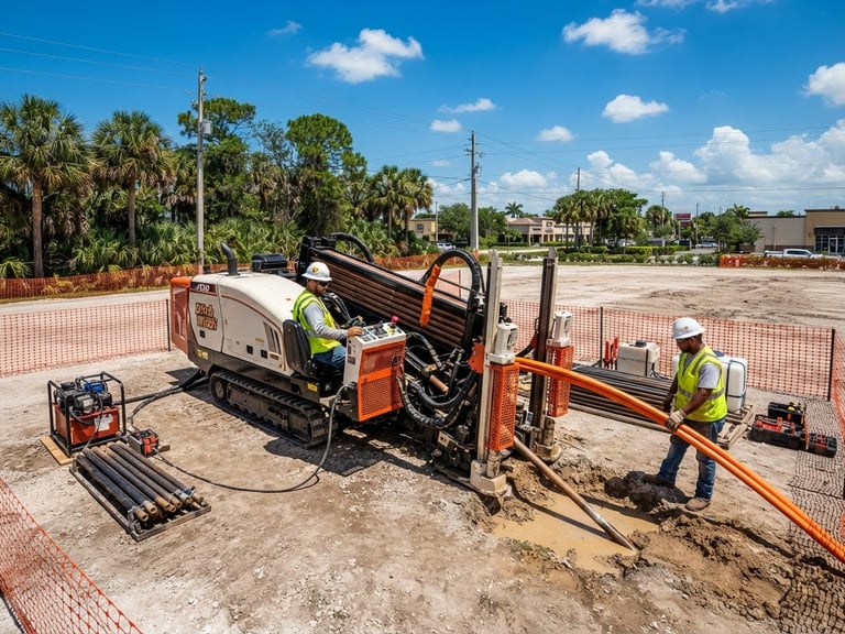 Wide panoramic shot of a directional boring rig in operation on a clean South Florida job site, conduit visible, bright direct sunlight, high-contrast safety orange accents.