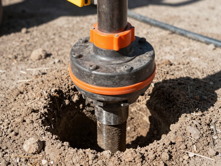 Close-up of a directional boring head emerging from the ground, clean soil, conduit attached, bright Florida sunlight, safety orange accents.