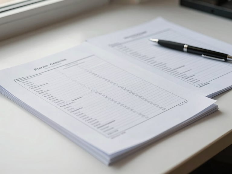 Close-up of neatly arranged printed financial statements and a compliance certificate on a clean desk surface under soft natural window light, a pen resting beside the documents, organised and precise