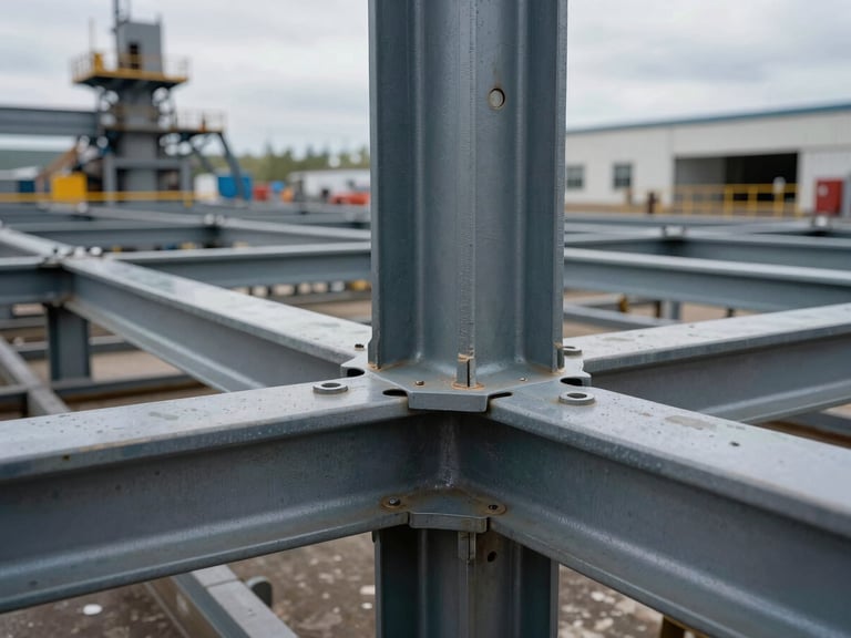 A close-up of high-tolerance structural steel joint connection on a massive industrial site, overcast European daylight, architectural grid precision