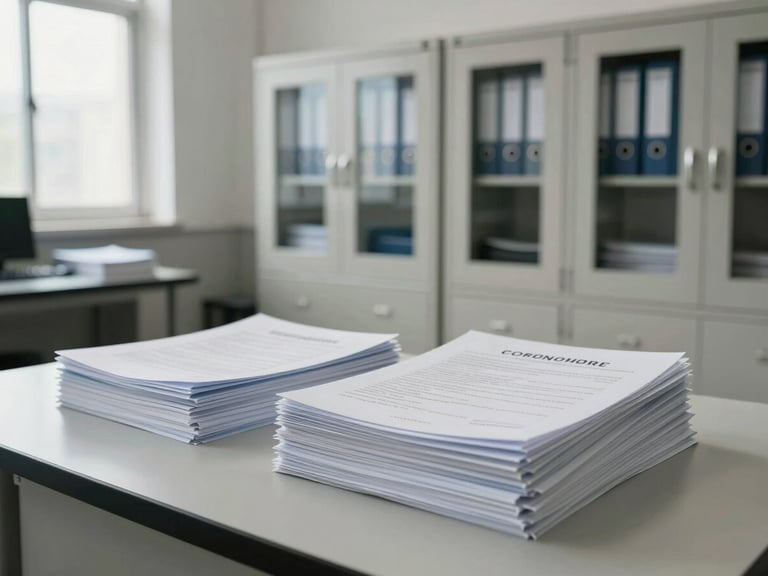 Wide environmental shot of a clean, organized regulatory office workspace — filing cabinets with labeled folders visible in background, a desk with neatly stacked compliance dossiers in the foreground, north-facing daylight from a window to the left, no people, cold neutral tones