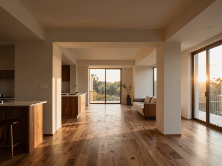 Architectural overhead shot of a meticulously planned open-concept living area, showcasing clear zones and circulation paths, with soft directional light.