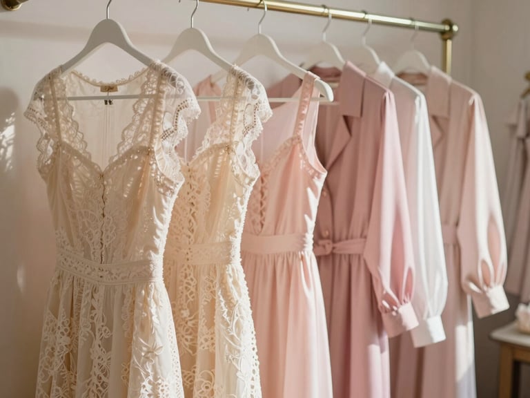 A sunlit rack of vintage cream lace dresses and pastel pink silk blouses in a shabby-chic boutique room, soft diffused morning light, warm nostalgic atmosphere