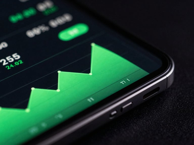 Macro shot of a dark-mode financial application on an Android device, green glowing graphs, moody studio lighting