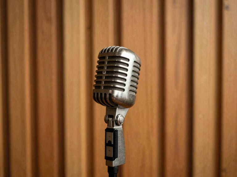 A warm-toned studio setup with a vintage microphone, acoustic wood paneling, soft golden-hour lighting, shallow depth of field