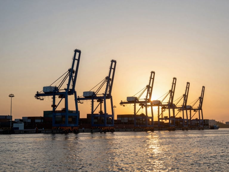 Wide architectural view of a modern deepwater shipping terminal at dawn, cargo cranes silhouetted against a golden sky, calm sea, high-contrast crisp lighting.