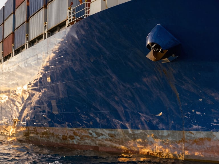 Extreme close-up of a massive container ship hull painted deep blue, golden hour light reflecting off the steel plates and water, architectural cargo scale.