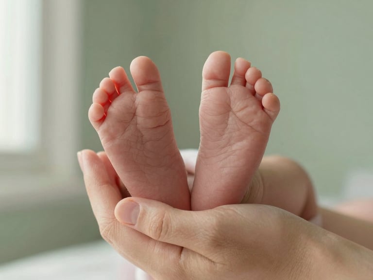 A close-up of tiny newborn feet cradled in a mother's warm hands, soft natural lighting, gentle sage green background, 35mm warm editorial photography