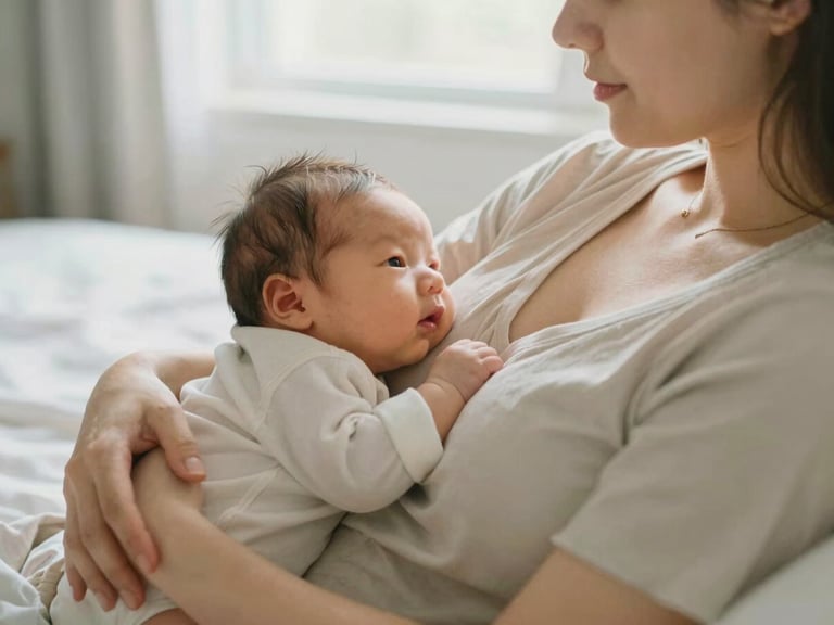 A mother resting in bed holding her newborn close to her chest, soft diffused daylight, peaceful and quiet atmosphere, 35mm warm editorial photography