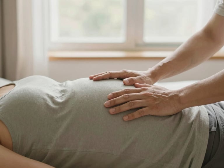 A partner gently rubbing an expecting mother's back as they sit together, soft warm morning light, calm home environment, 35mm warm editorial photography