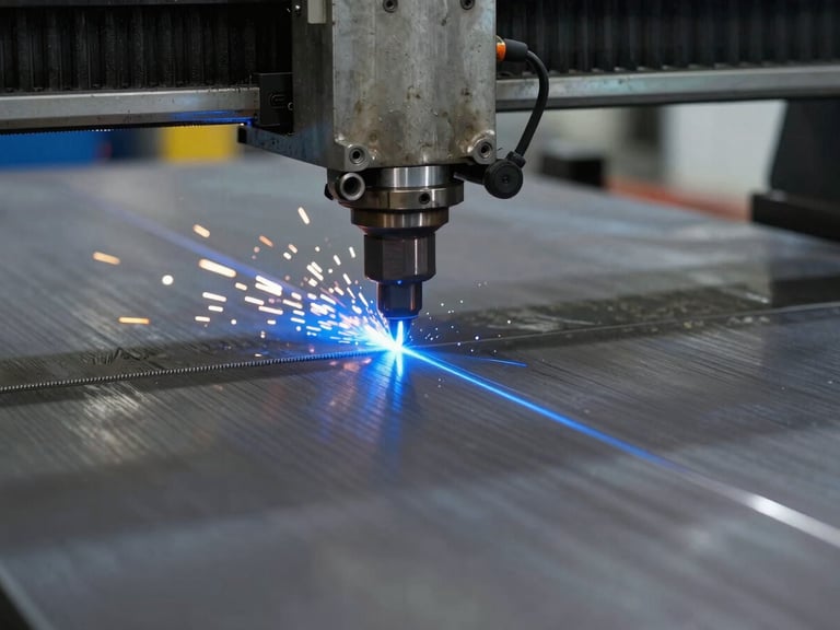 Extreme close-up of a high-precision CNC plasma cutter slicing through a thick structural steel plate, cool blue sparks flying, sharp metallic edge visible, industrial factory background.