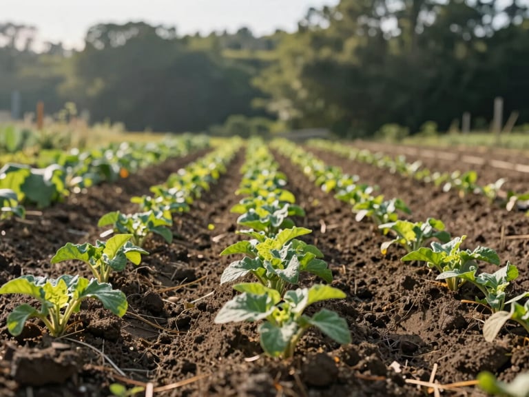 Wide shot of a small-scale organic farm with row crops under a low morning sun, forest in the background, 35mm