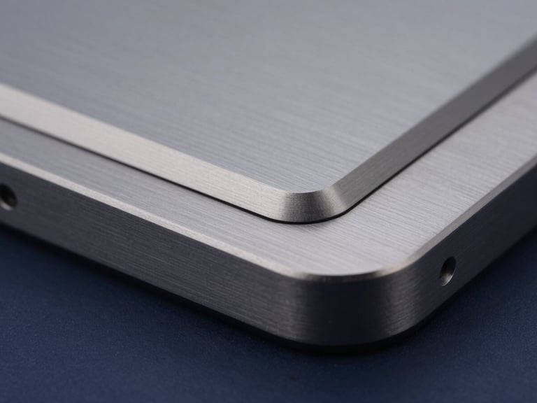 Macro close-up of brushed titanium Apple-grade hardware, subtle silver reflections, sharp geometric lines, cool diffused studio light