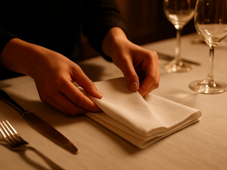 Close-up of student hands folding a white linen napkin on a formally set banquet table, warm tungsten dining room light, silverware and glassware in soft focus in background