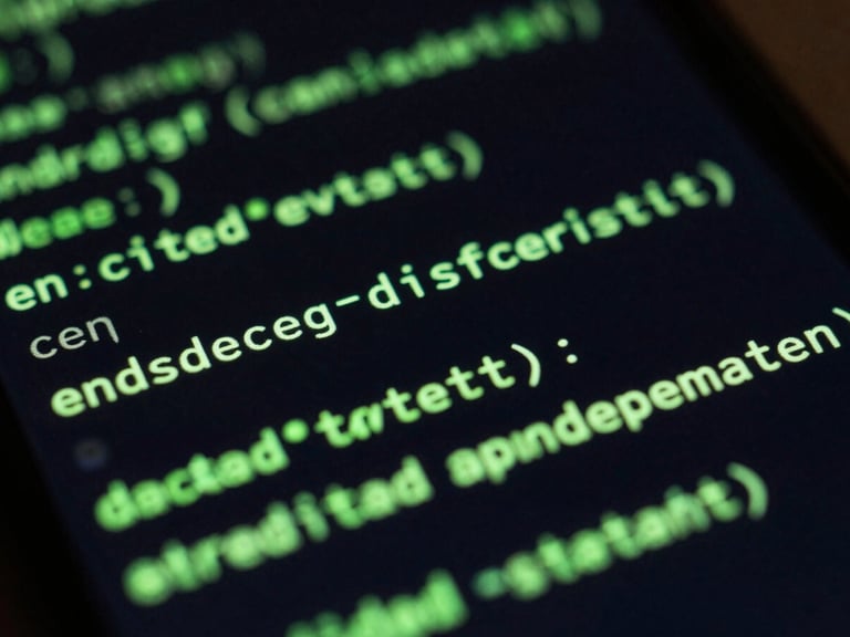 Extreme close-up macro shot of a physical Android screen displaying crisp, neon green code terminal lines, dark ambient lighting, high contrast, 35mm