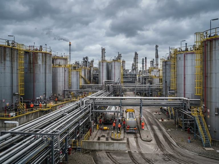 Wide environmental shot of a massive fuel terminal under overcast industrial skies, steel storage tanks, sharp technical focus