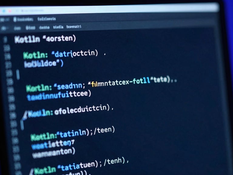 Close-up of clean Kotlin code on a dark monitor with electric blue and neon teal ambient reflections, shallow depth of field, 35mm