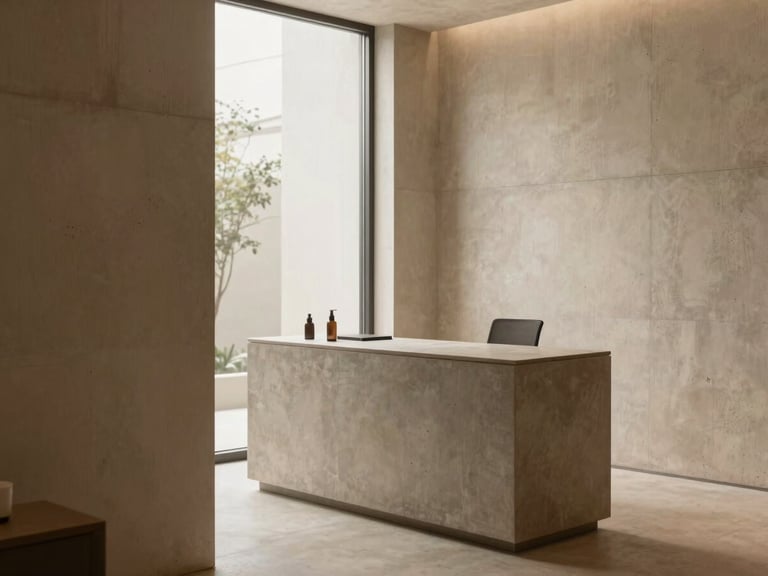 Sophisticated minimalist clinic interior with warm concrete walls, soft linen textures, and natural daylight filtering through a large window, warm sand tones.