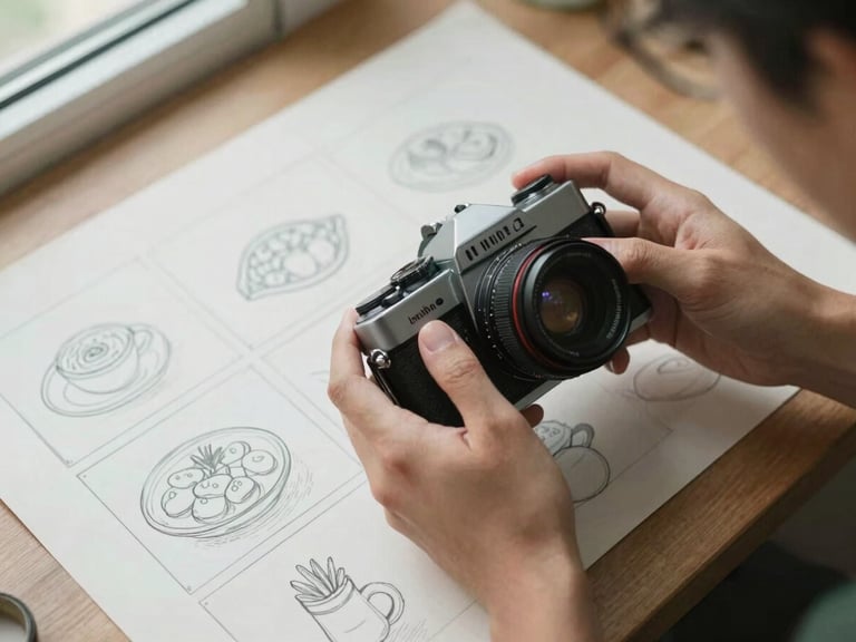 An overhead shot of a photographer's hands adjusting a vintage analog camera, with a storyboard sketch of minimalist food photography on parchment paper, soft natural light.