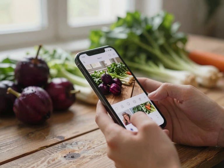 A close-up of hands holding a smartphone displaying a social media feed, with a blurred background of fresh vegetables on a rustic wooden table, natural side light, Scandinavian style.
