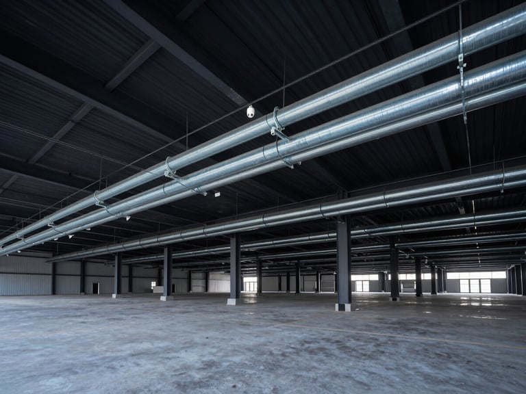 Wide-angle architectural shot of a modern clean warehouse interior, high ceilings with organized steel conduits, a bullet camera mounted high overlooking the floor, cool daylight