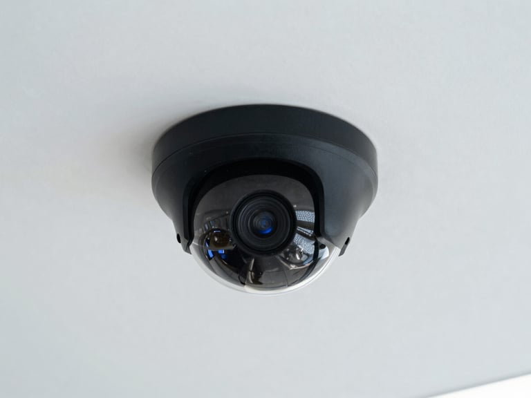 Discreet black dome security camera mounted on a clean white office lobby ceiling, minimalist architecture, soft cool lighting, sharp focus