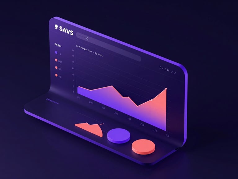 Isometric view of a clean SaaS dashboard interface showing real-time conversion metrics, glowing charts in violet and coral, dark-field neon lighting, sleek 3D render