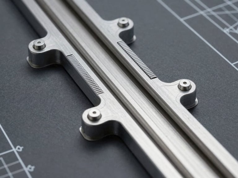 A crisp technical architectural drawing of an elevator shaft cross-section, detailed structural anchor points, steel guide rails visible, clean white lines on a deep slate gray blueprint background, cool studio lighting.
