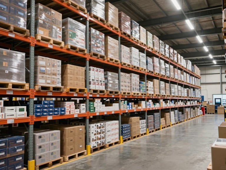 Wide environmental shot of an organized distribution warehouse floor, long parallel rows of metal shelving units loaded with uniformly stacked product boxes, clean concrete aisle in foreground, overhead fluorescent lighting casting even neutral light, no people, strong sense of scale and order, shot from slightly elevated perspective
