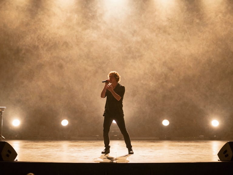 Cinematic wide shot of an artist performing on a warm, sunlit stage, soft stage flares, golden-hour backlighting, 35mm film look.