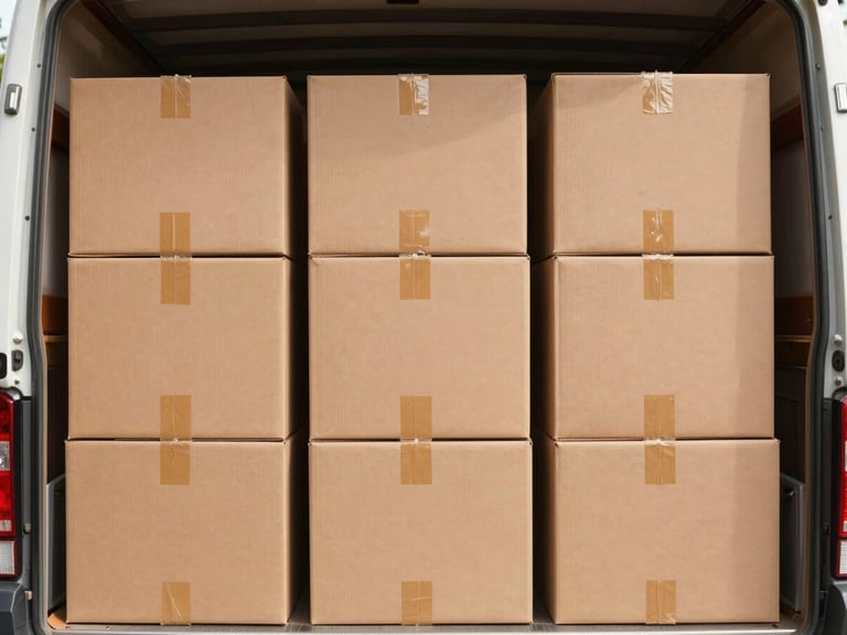 Neatly stacked double-walled fiberboard boxes inside a clean, modern moving truck, labeled clearly, bright daylight.