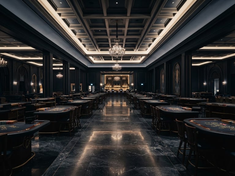 Wide symmetrical shot of an empty high-end casino floor in Zurich, dramatic low-key architectural lighting, deep navy and slate tones, crisp focus, 50mm.