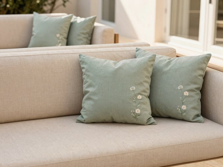 An elegant outdoor lounge set with sand-colored upholstery and sage cushions, styled with minimalist floral accents