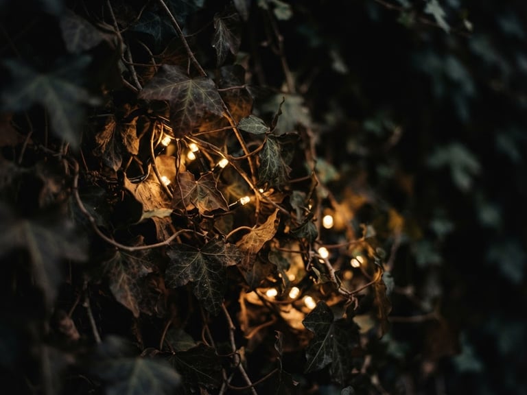 Moody macro shot of micro-LEDs nestled in preserved ivy vines, warm golden glow, deep shadows, 35mm film