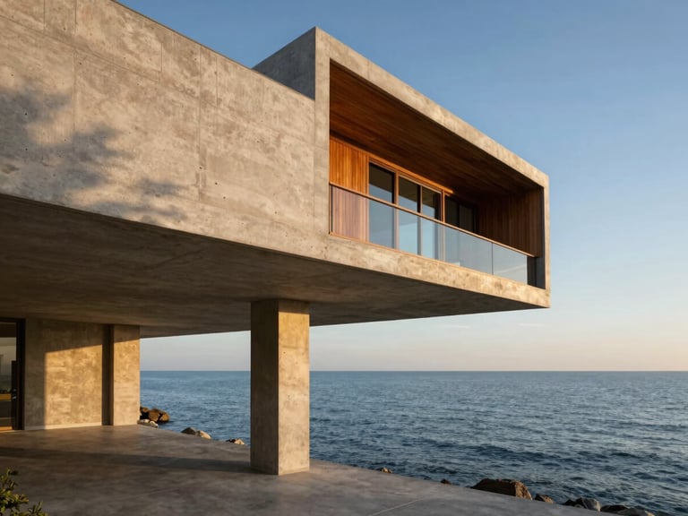 Dramatic low-angle shot of a cantilevered modern waterfront villa, concrete and wood, overlooking calm blue waters, golden hour, deep shadows, emphasizing structural elegance.