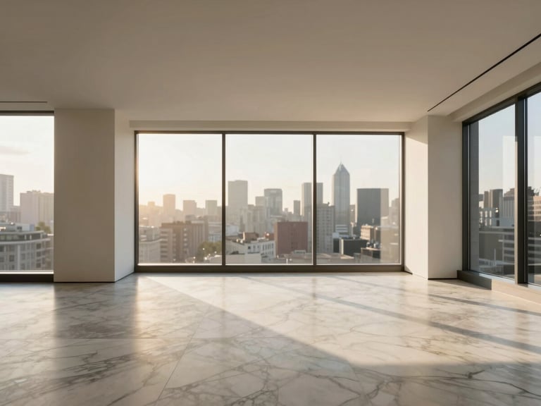 High-contrast interior architectural photograph of a minimalist urban penthouse living room, honed marble floors, large windows with city views blurred, emphasizing clean lines and quiet luxury.
