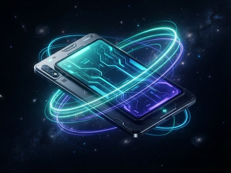Sleek 3D render of a futuristic Android device floating in dark space, vibrant cyber teal and electric indigo neon light trails wrapping around the screen, high-fidelity details, isometric perspective
