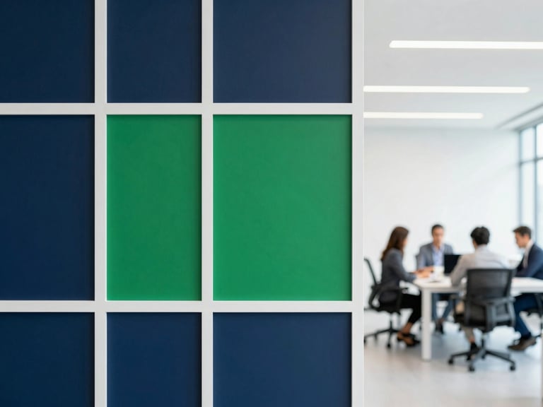 Clean architectural details of a modern bright office with professionals working in the background, cool daylight, sharp focus, 35mm